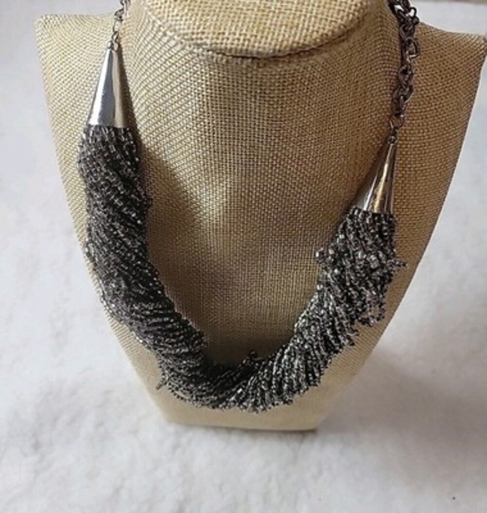 Multi Strand Seed Bead Statement Necklace Silver